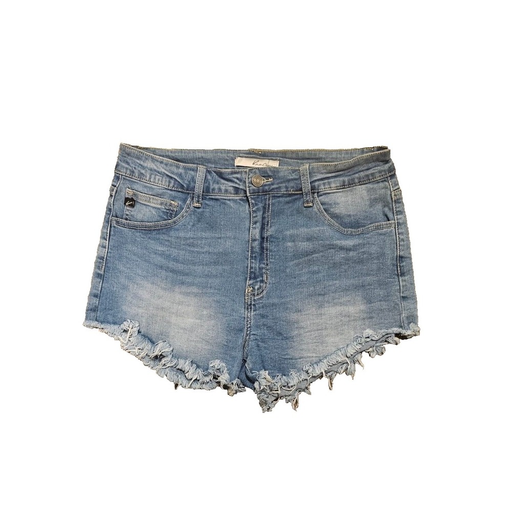 KanCan Women Medium Wash High Rise Frayed Raw Hem Denim Shorts Size 29